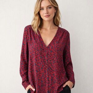 J.Jill Floral V-Neck Drapey Blouse Red Blue Long Sleeve Relaxed Fit Size XL